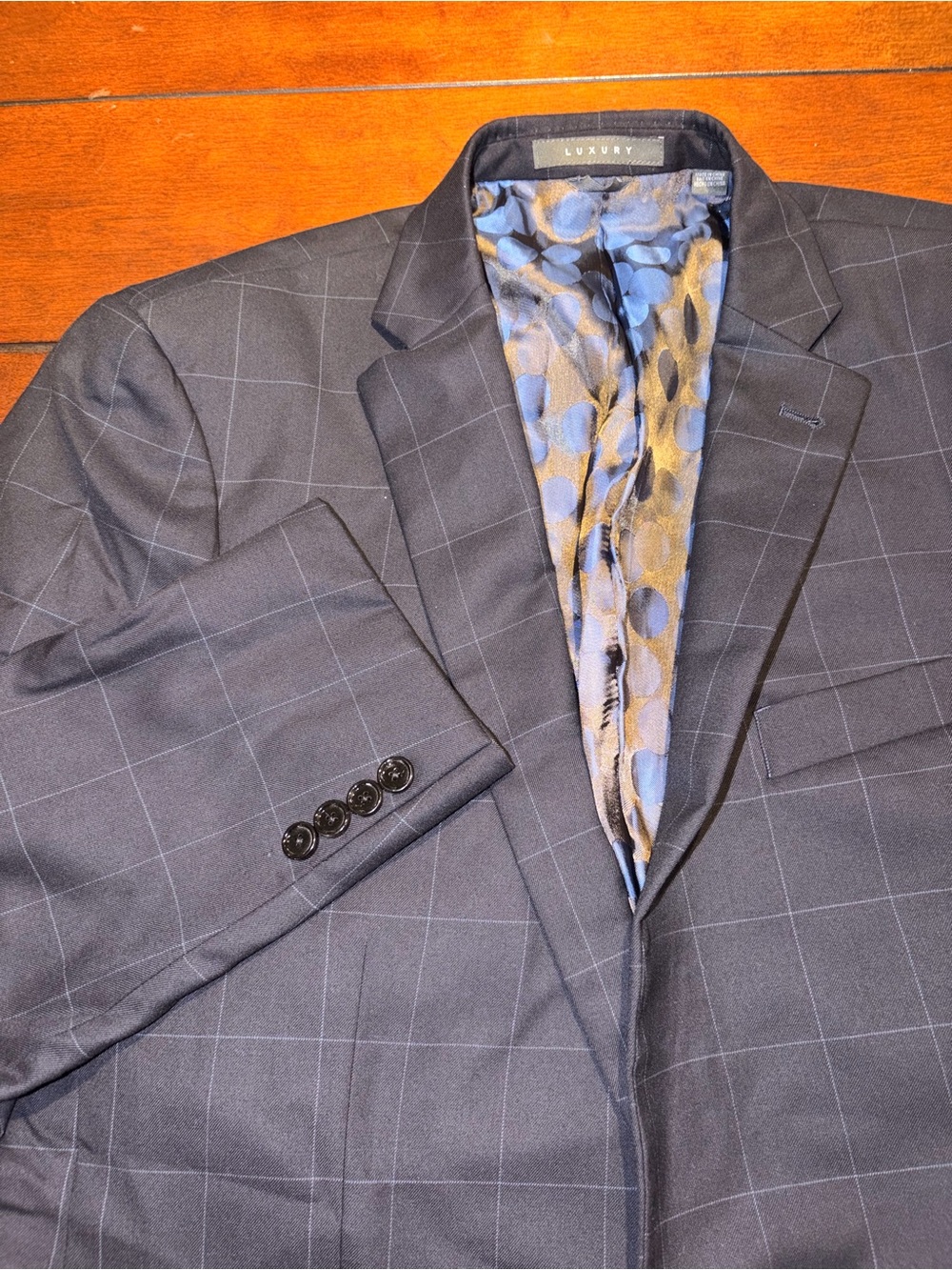 Indochino Windowpane Plaid 95% Wool 5% Cashmere Blazer Sport Coat Men 44R Navy